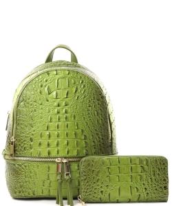Fashion Faux Croc Backpack with Wallet Set AC1062W GREEN